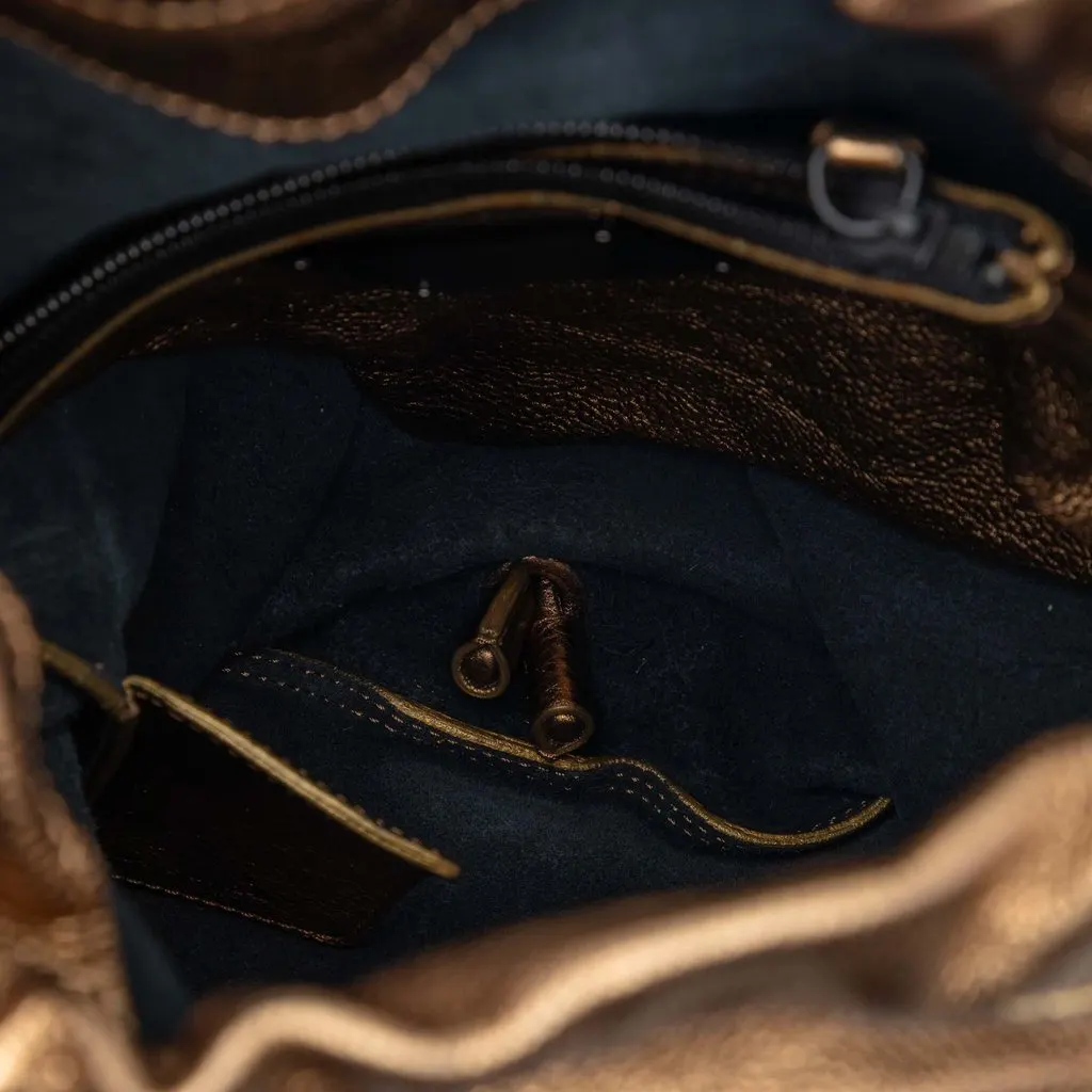 Burberry Metallic Grained Calfskin Drawstring Sling Bag Gold Leather Very good - Model View