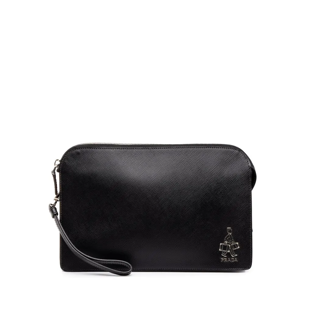 Prada Saffiano Bellboy Clutch Black Leather Good - Front View
