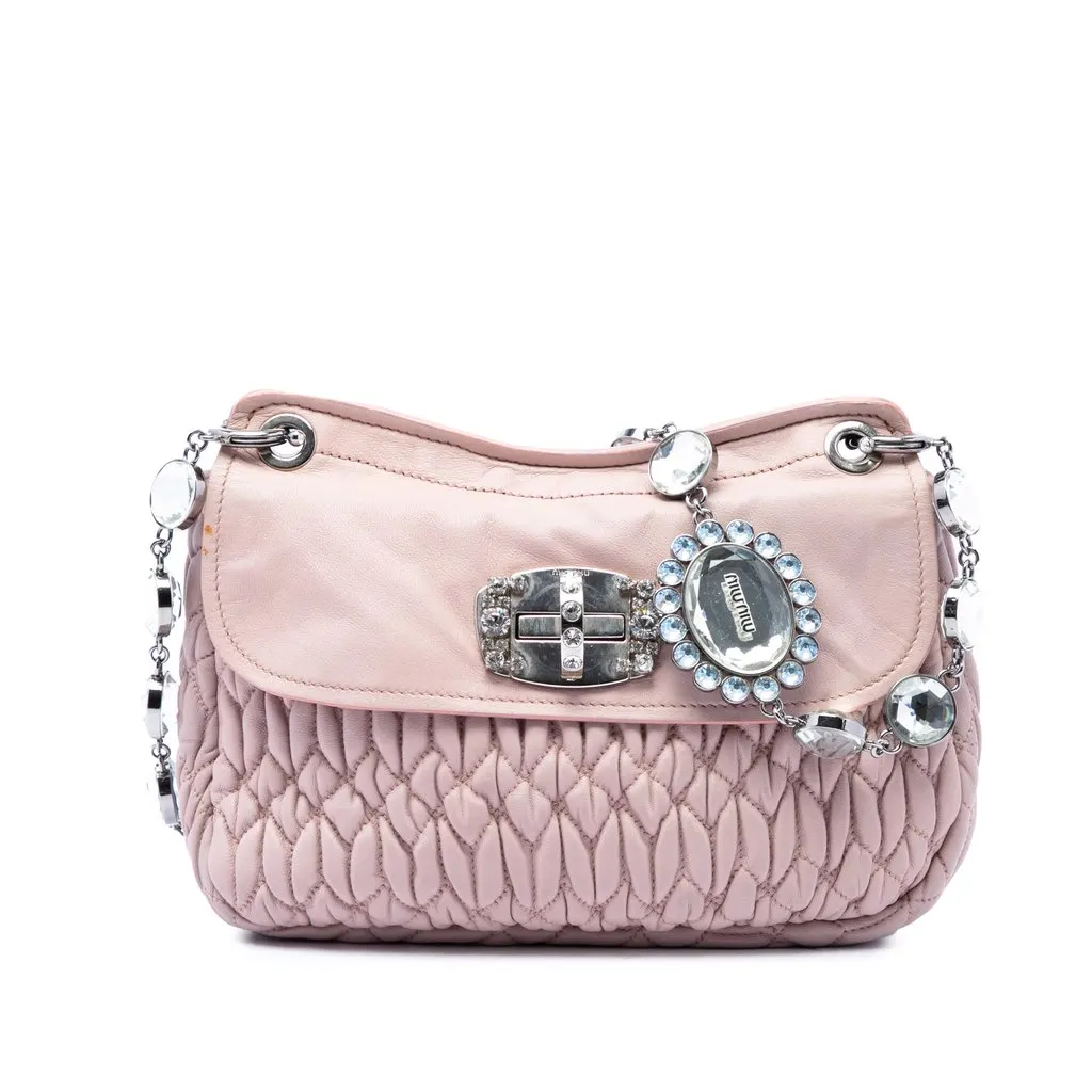 Miu Miu Matelasse Nappa Crystal Chain Crossbody Pink Leather Good - Front View