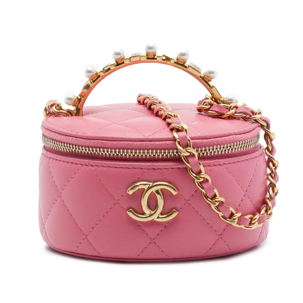Chanel Mini CC Quilted Lambskin Pearl Top Handle Vanity Case with Chain Pink Leather Very good - Front View