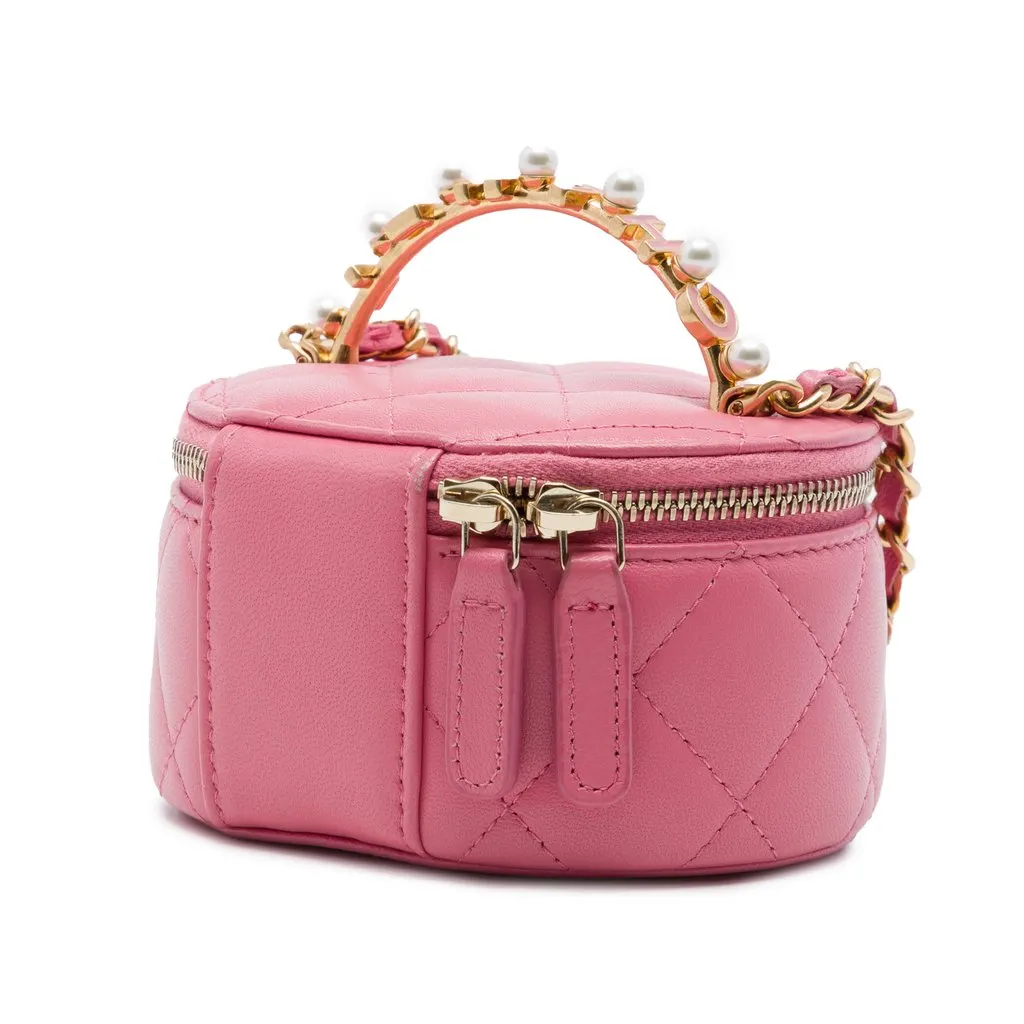 Chanel Mini CC Quilted Lambskin Pearl Top Handle Vanity Case with Chain Pink Leather Very good - Back View