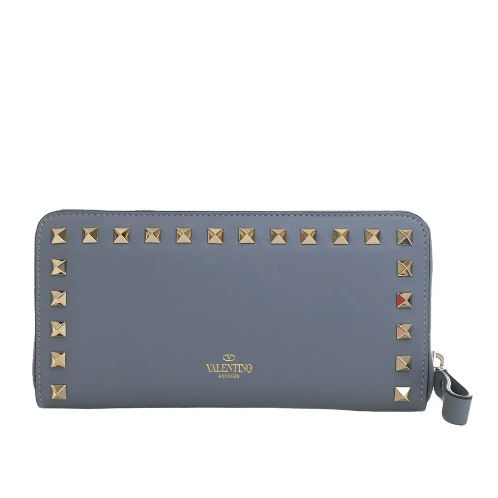 Valentino Leather Rockstud Zip Around Long Wallet Blue Leather Very good - Front View