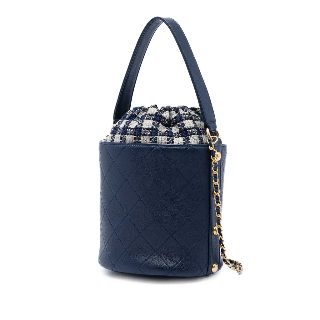 Chanel Medium CC Calfskin and Tweed Drawstring Bucket Bag Blue Leather Very good - Back View