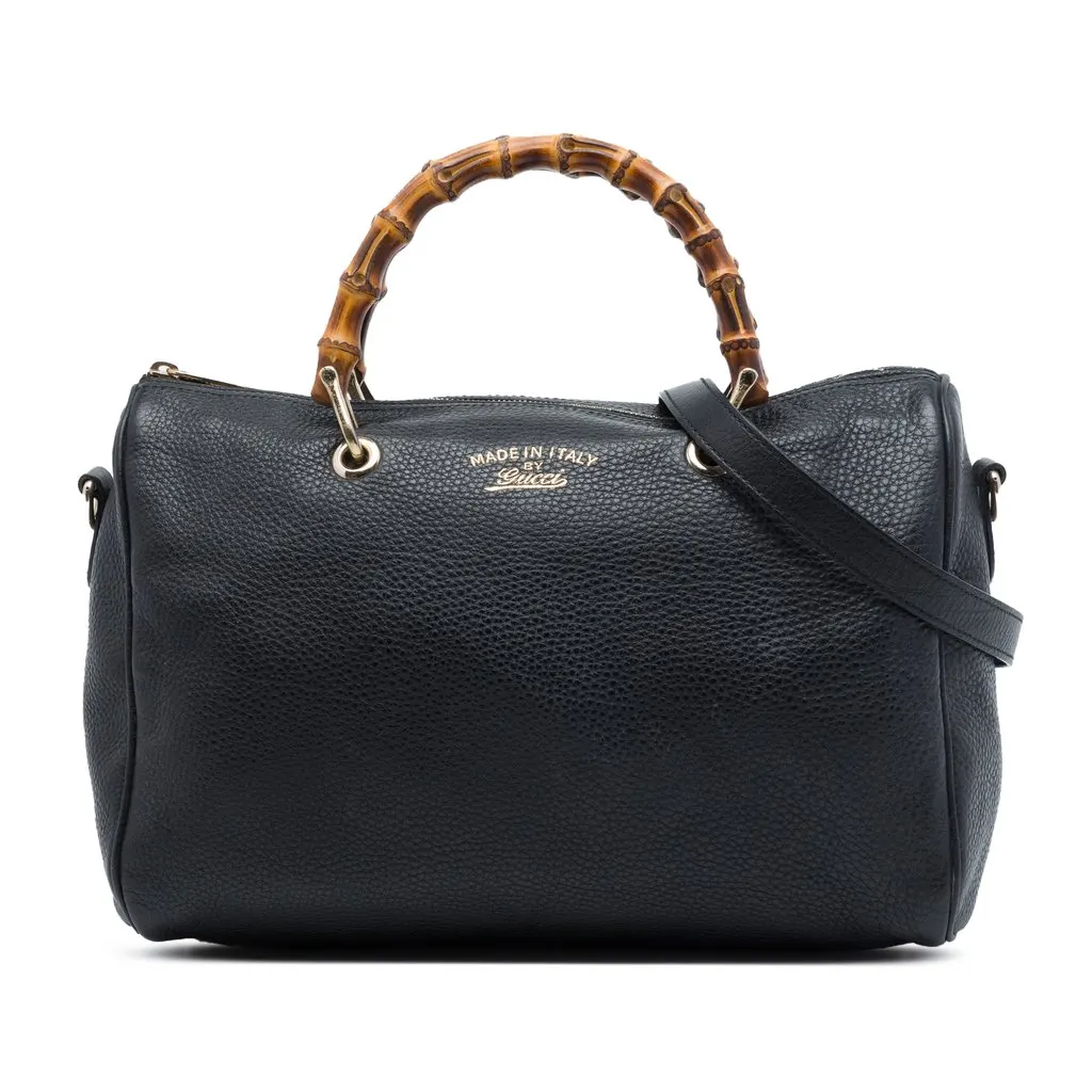 Gucci Medium Calfskin Bamboo Shopper Boston Bag Black Leather Very good - Front View