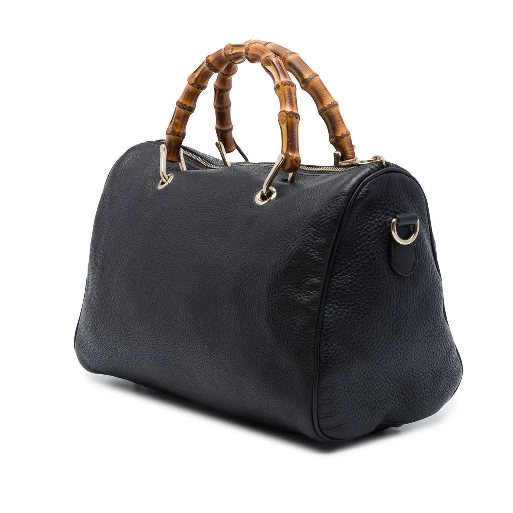 Gucci Medium Calfskin Bamboo Shopper Boston Bag Black Leather Very good - Back View
