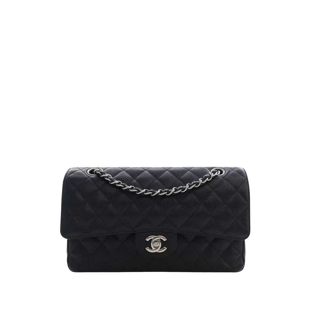 Chanel Medium Classic Caviar Double Flap Black Leather Very good - Front View