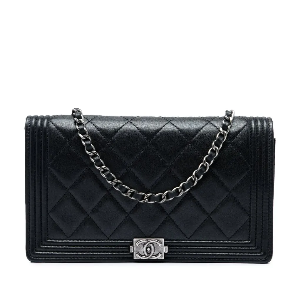 Chanel Quilted Lambskin Boy Wallet On Chain Black Leather Very good - Front View