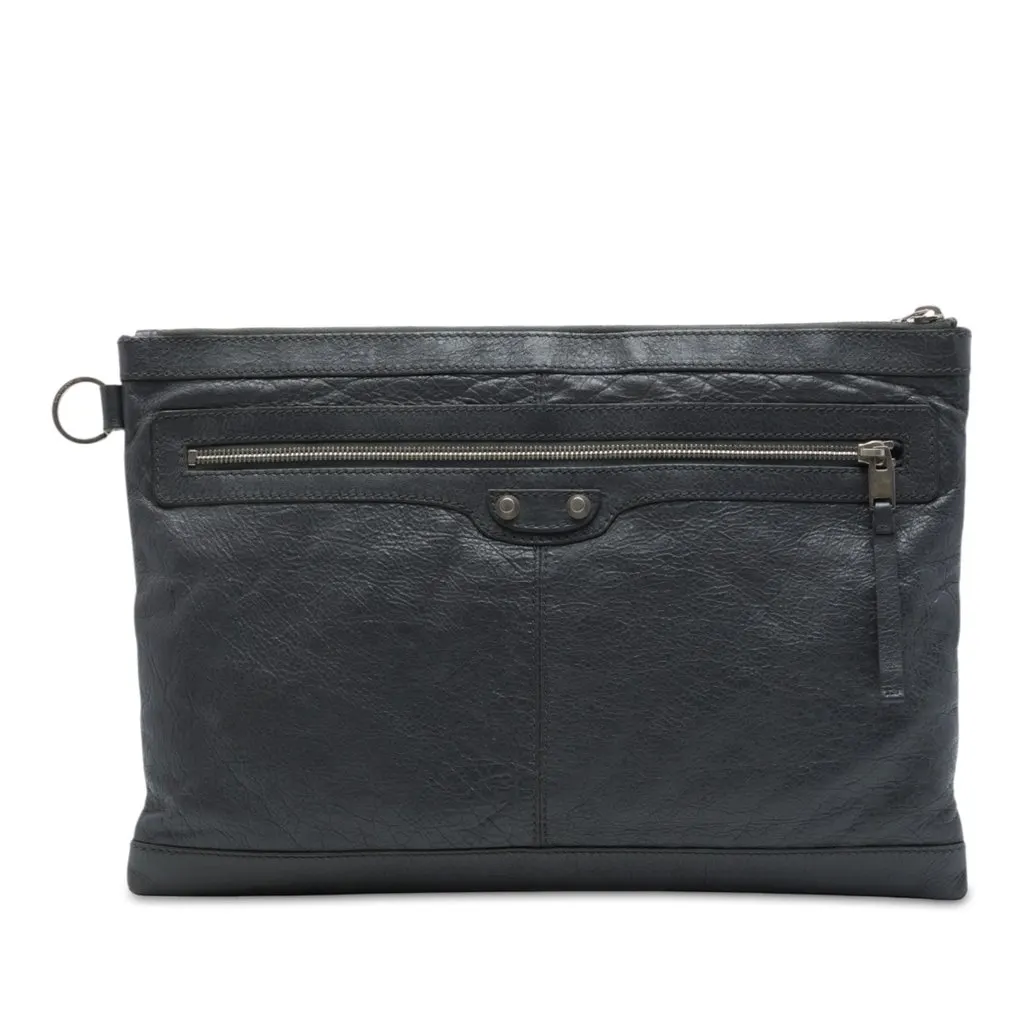 Balenciaga Lambskin Motocross Classic Clip Clutch L Black Leather Very good - Front View
