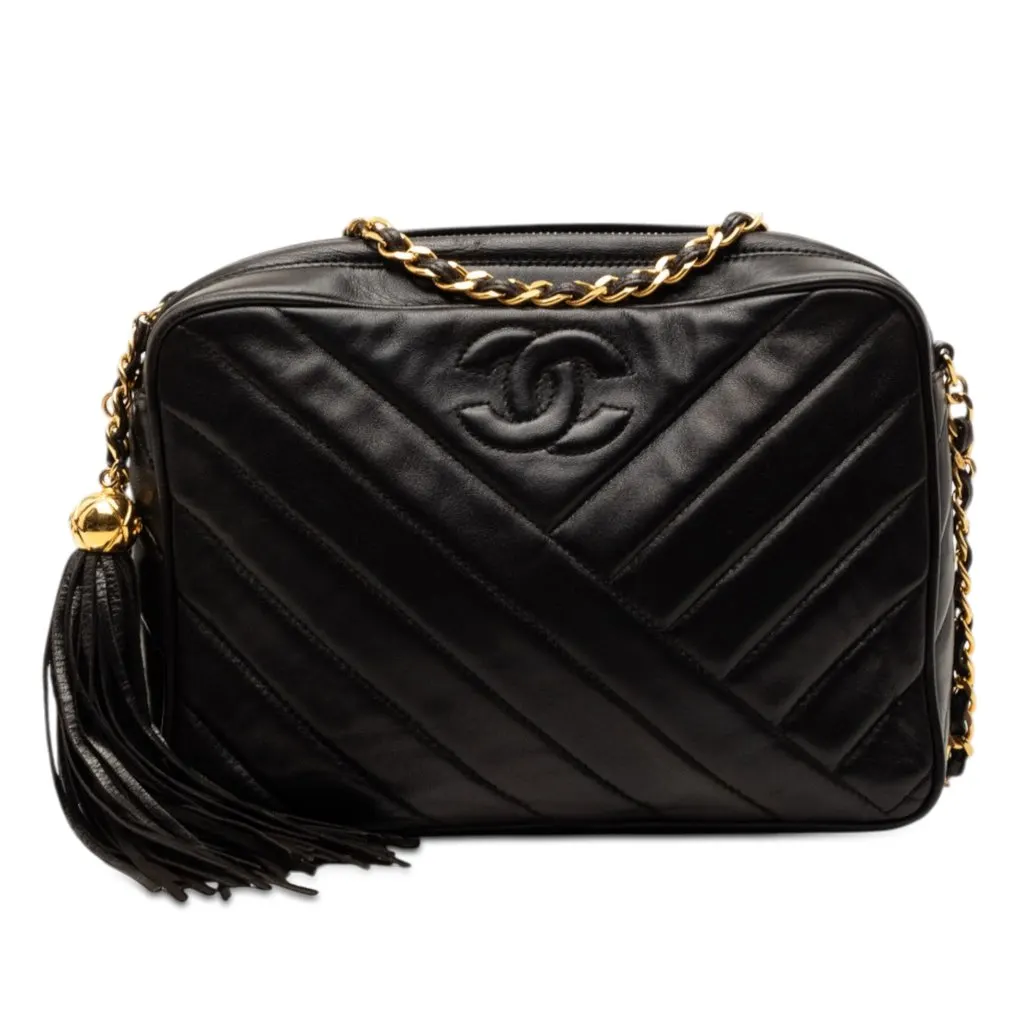Chanel CC Diagonal Quilted Lambskin Tassel Camera Bag Black Leather Very good - Front View