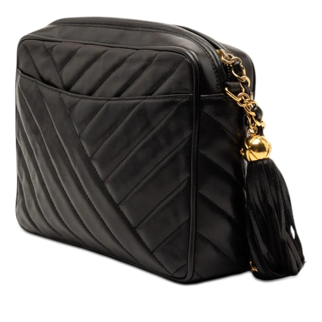 Chanel CC Diagonal Quilted Lambskin Tassel Camera Bag Black Leather Very good - Back View