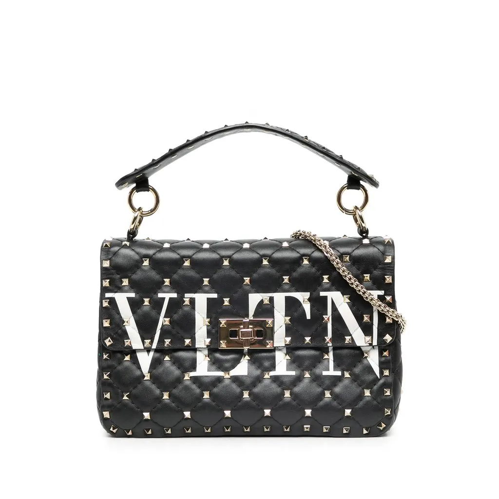 Valentino Medium Lambskin VLTN Rockstud Spike Satchel Black Leather Very good - Front View