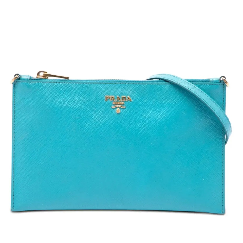 Prada Saffiano Shoulder Bag Blue Leather Very good - Front View