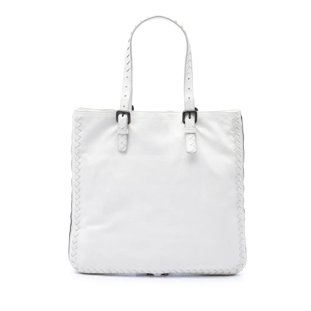 Bottega Veneta Intrecciato Trimmed Cervo Zip Around Expandable Tote White Leather Very good - Front View