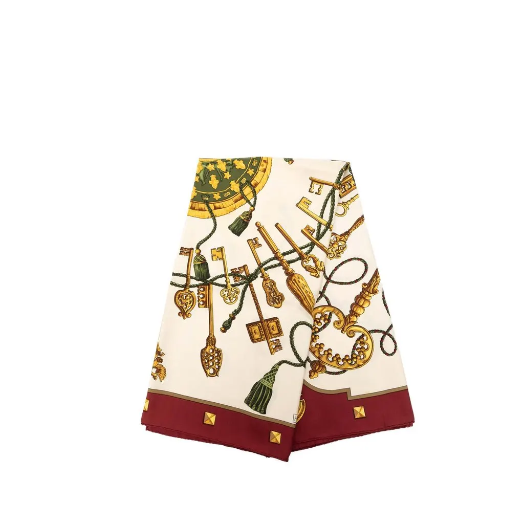 Hermès Les Cles Silk Scarf 90 White Very good - Front View