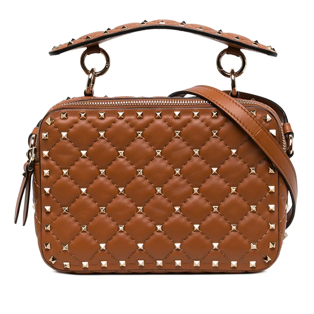 Valentino Lambskin Rockstud Spike Double Zip Camera Bag Brown Leather Very good - Front View