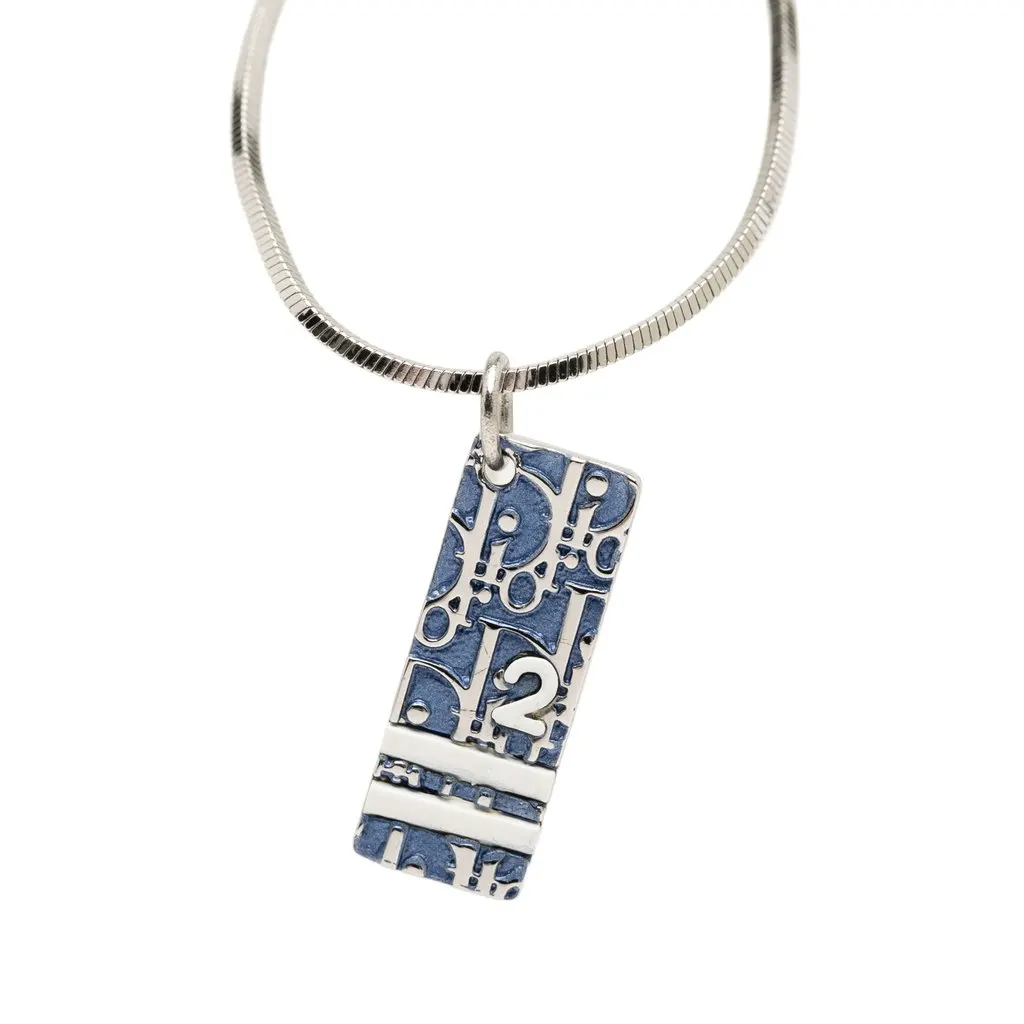 Dior Brass Enamel Oblique Trotter Pendant Necklace Silver Metal Very good - Back View