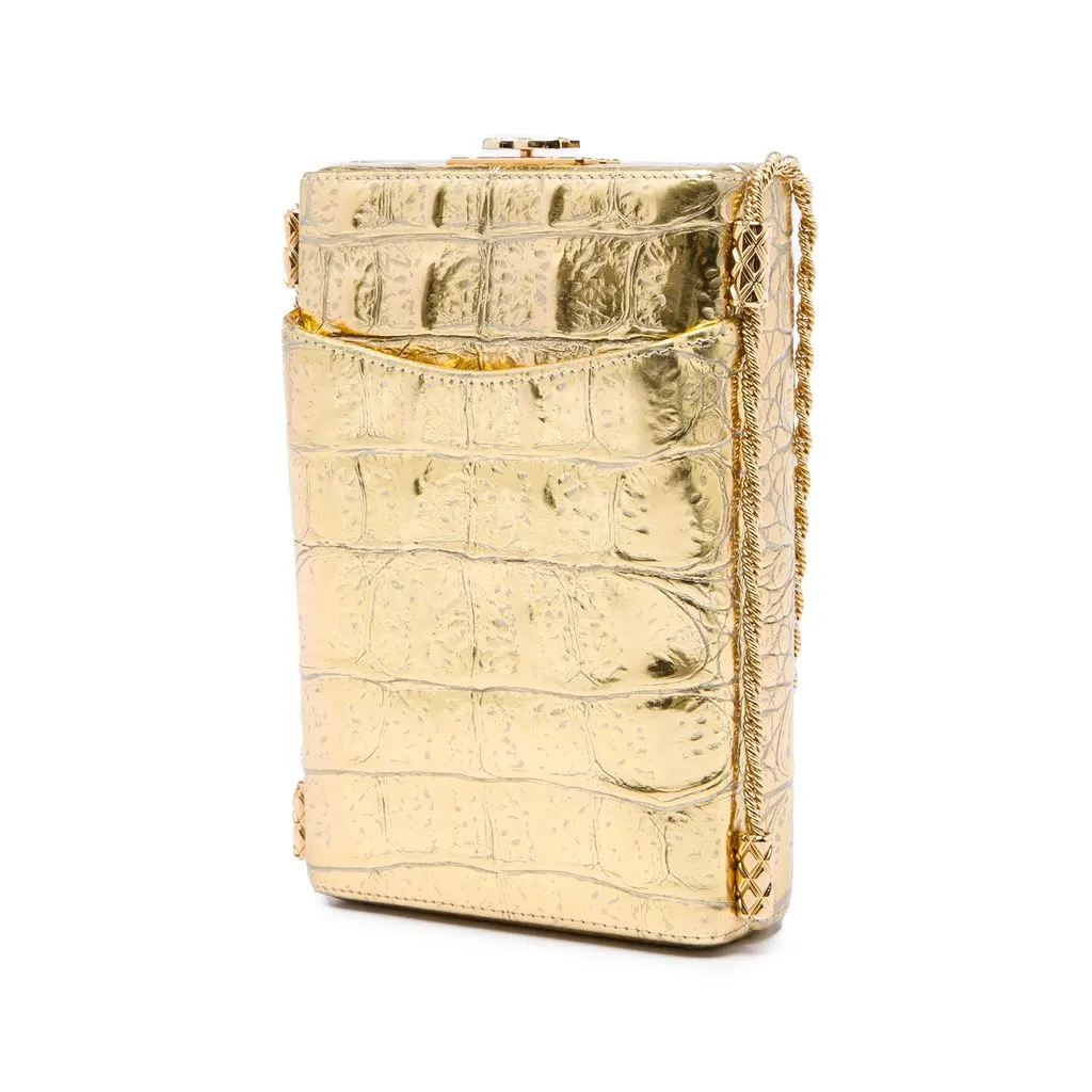 Chanel Paris New York CC Croc Embossed Metallic Calfskin Box Minaudiere Bag Gold Leather Very good - Back View