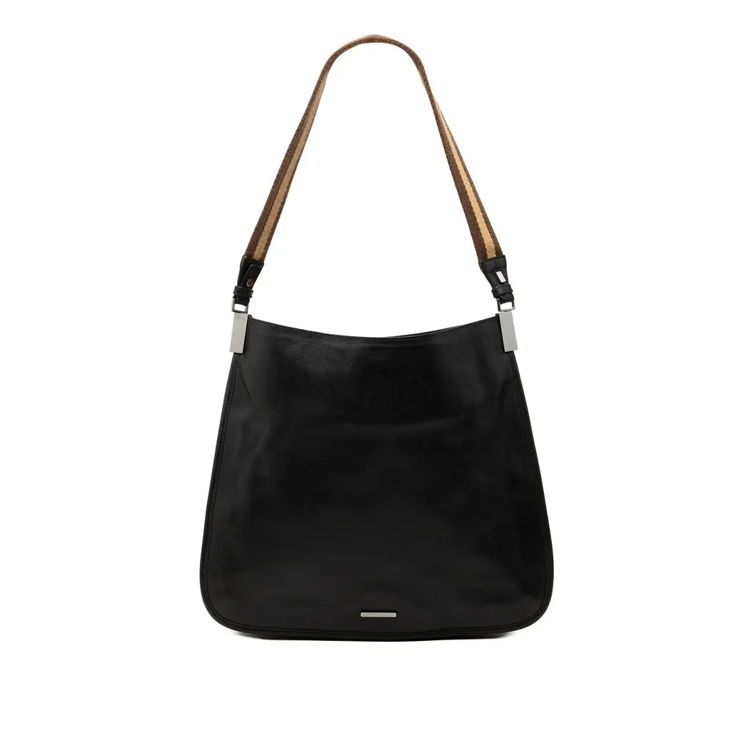 Gucci Calfskin Web Shoulder Bag Black Leather Good - Front View