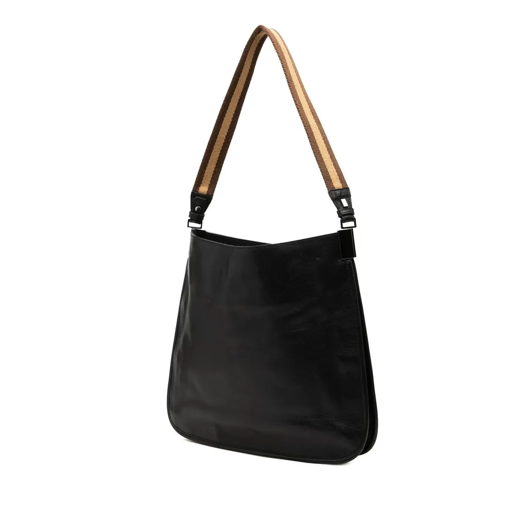 Gucci Calfskin Web Shoulder Bag Black Leather Good - Back View