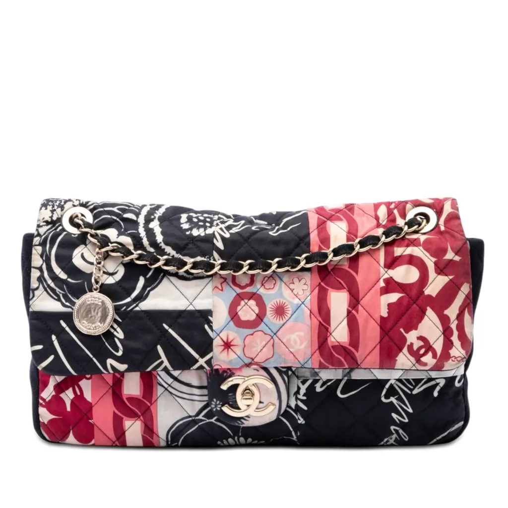 Chanel Jumbo Printed Nylon and Jersey Patchwork Single Flap Black Very good - Front View