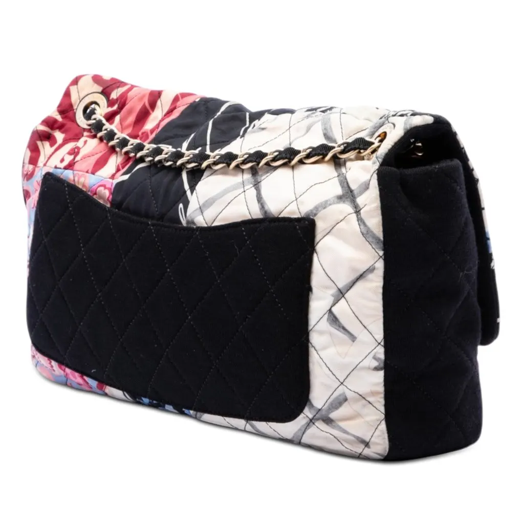 Chanel Jumbo Printed Nylon and Jersey Patchwork Single Flap Black Very good - Back View