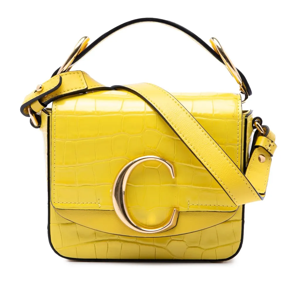 Chloé Mini Croc Embossed Calfskin C Satchel Yellow Leather Very good - Front View
