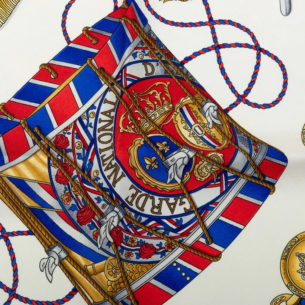 Hermès Les Tambours Silk Scarf 90 White Silk Very good - Model View