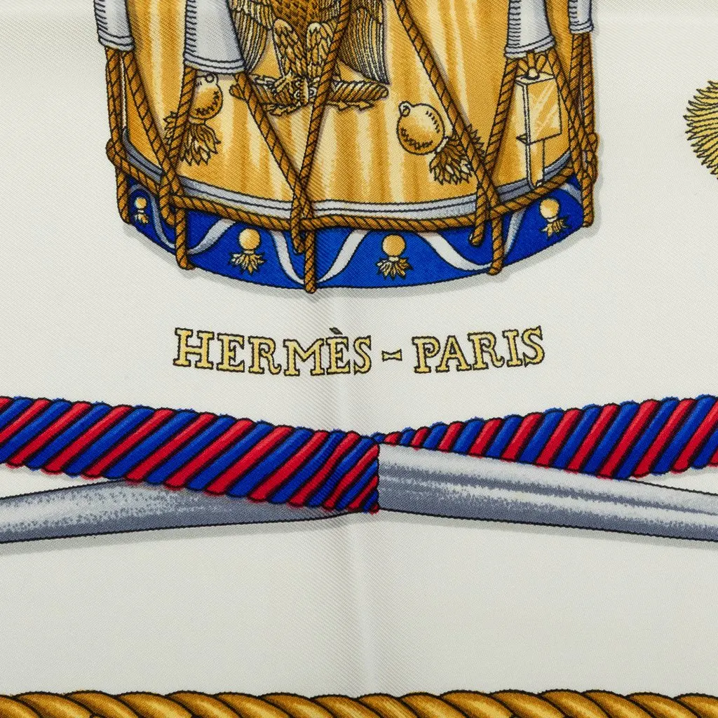 Hermès Les Tambours Silk Scarf 90 White Silk Very good - Box View