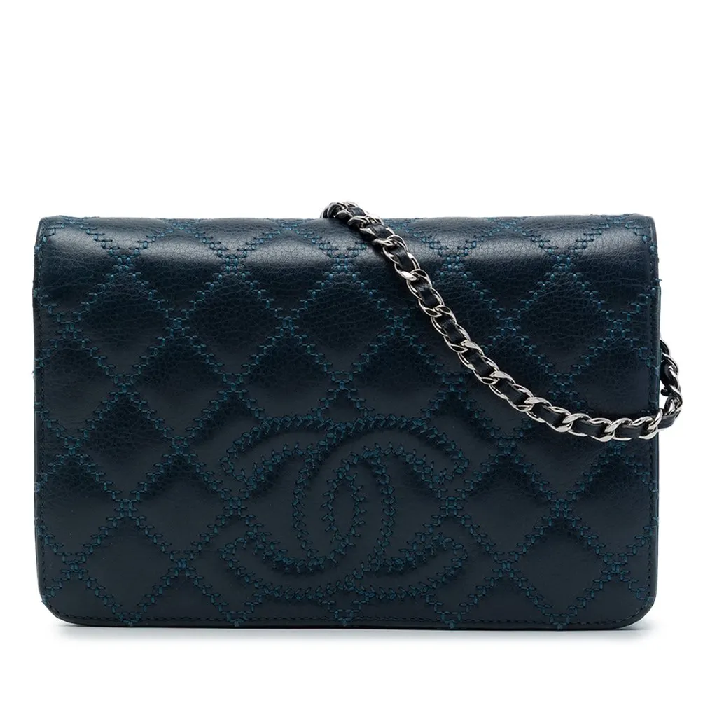 Chanel Stitched CC Quilted Calfskin Wallet on Chain Blue Leather Very good - Front View