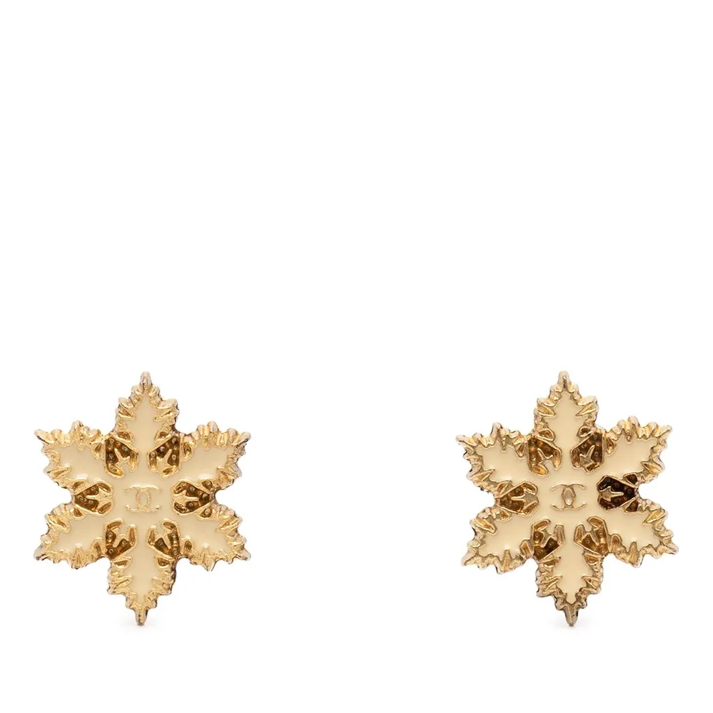 Chanel CC Gold Plated Enamel Snowflake Push Back Earrings Gold Metal Very good - Front View