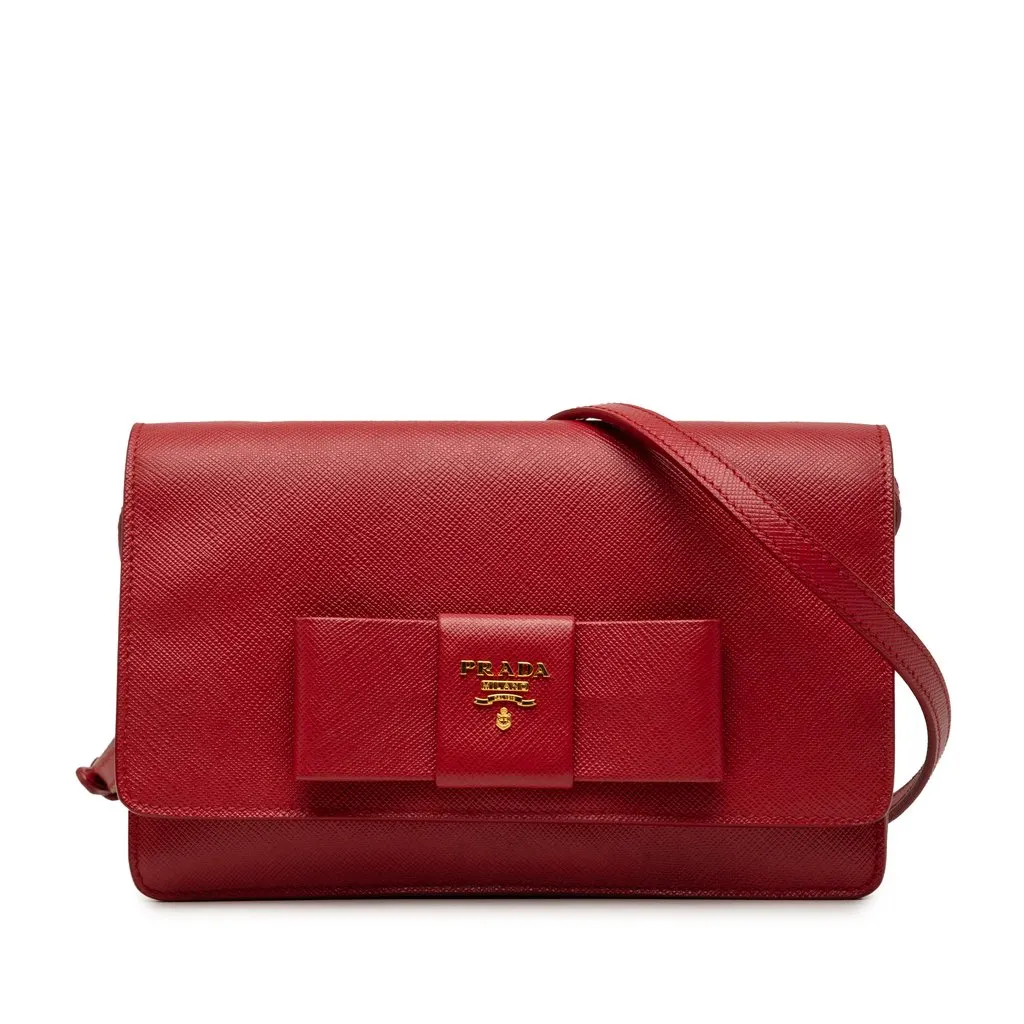 Prada Saffiano Lux Bow Wallet On Strap Red Leather Very good - Front View