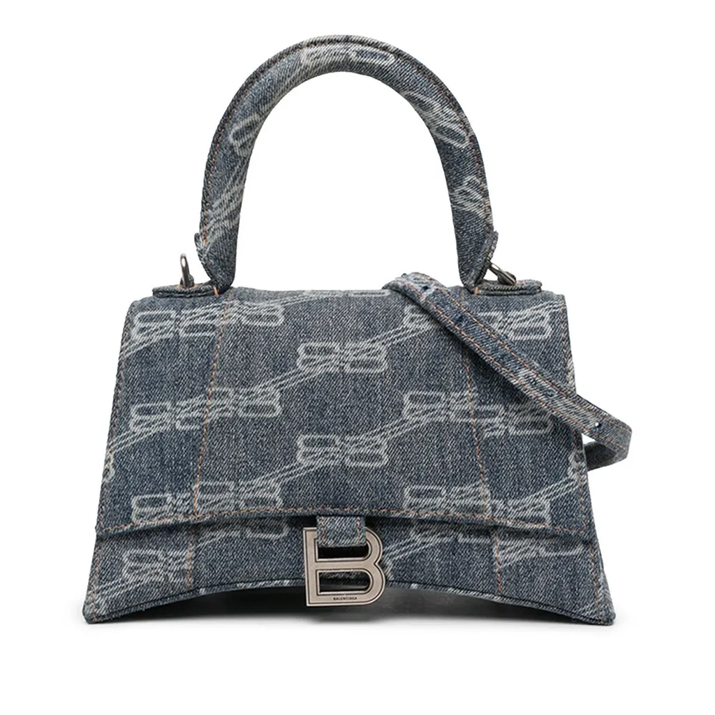 Balenciaga Small BB Monogram Denim Hourglass Top Handle Bag Blue Denim Very good - Front View