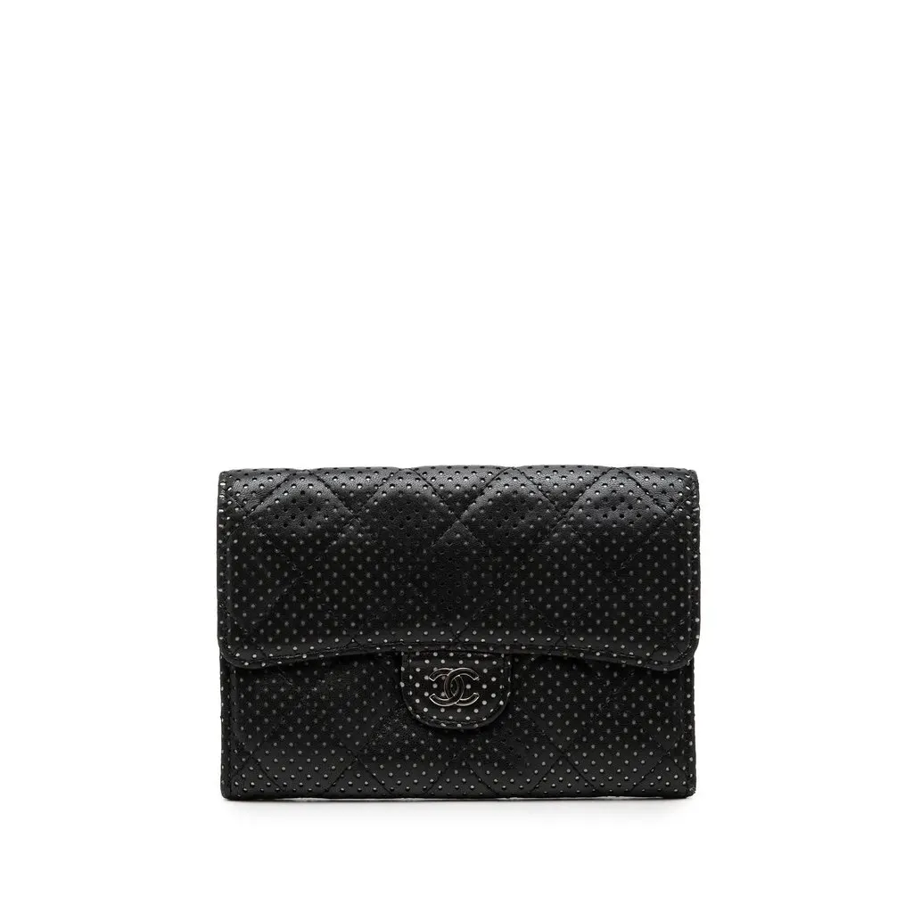 Chanel Perforated Quilted Lambskin Small Flap Wallet Black Leather Very good - Front View