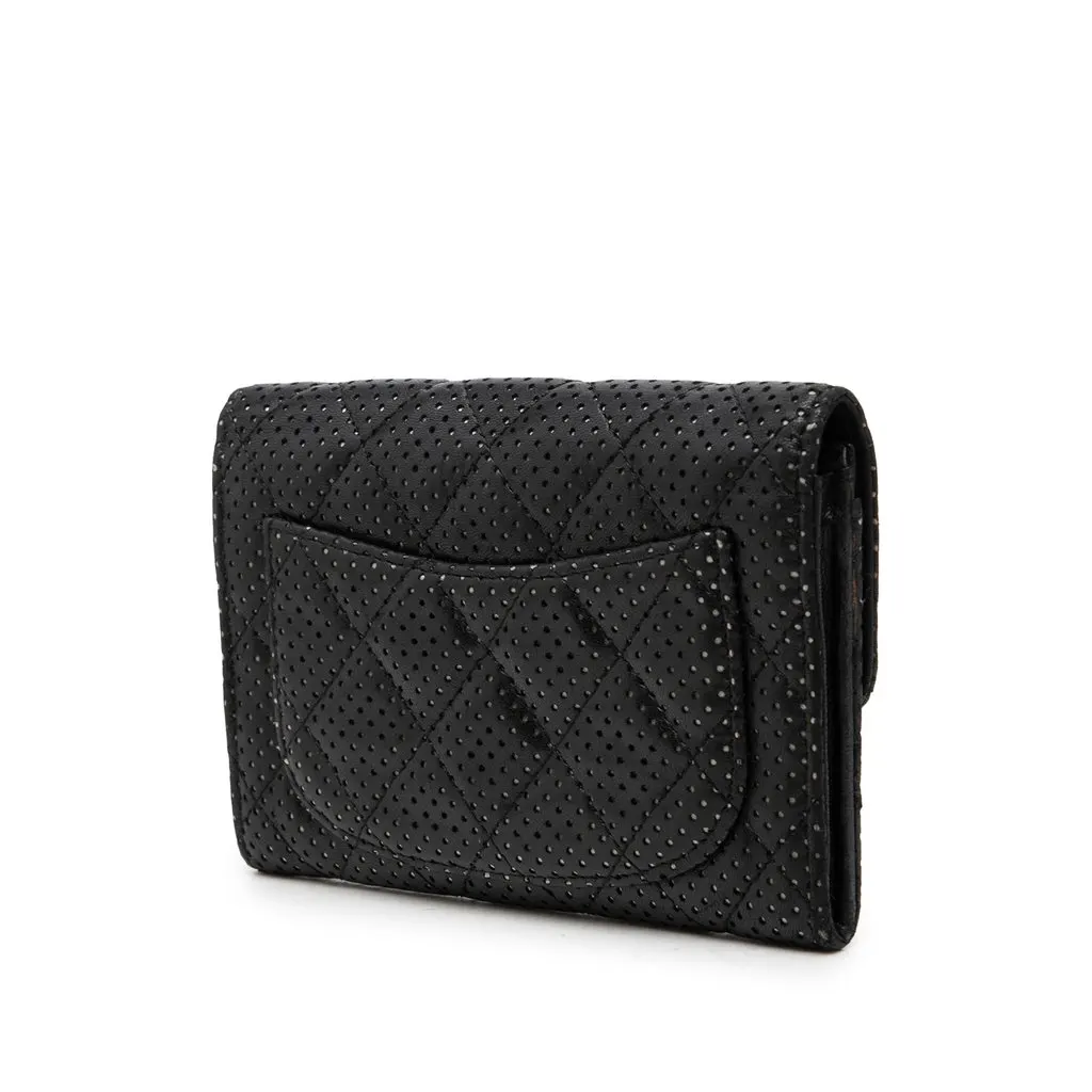 Chanel Perforated Quilted Lambskin Small Flap Wallet Black Leather Very good - Back View