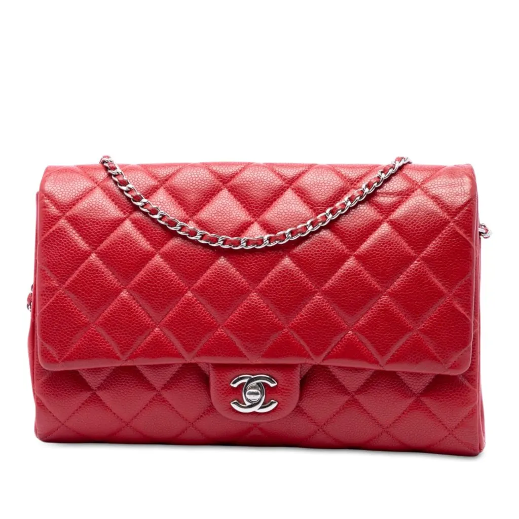 Chanel CC Quilted Caviar Flap Clutch with Chain Red Leather Very good - Front View