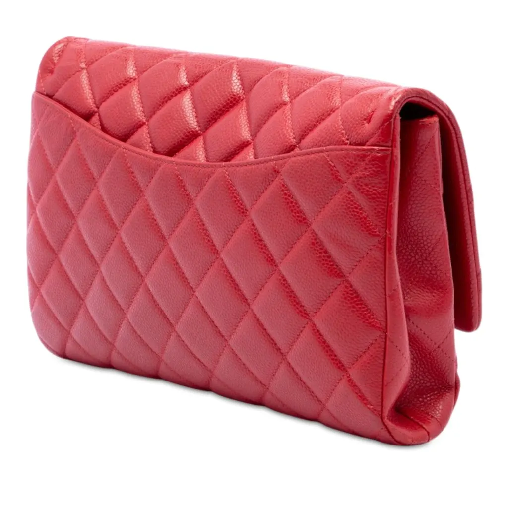 Chanel CC Quilted Caviar Flap Clutch with Chain Red Leather Very good - Back View