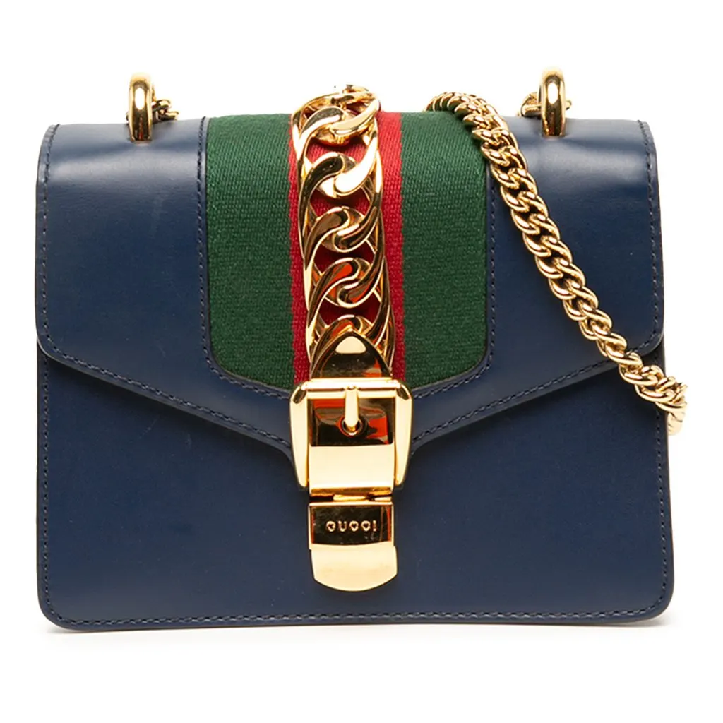Gucci Mini Calfskin Web Sylvie Chain Satchel Blue Leather Good - Front View