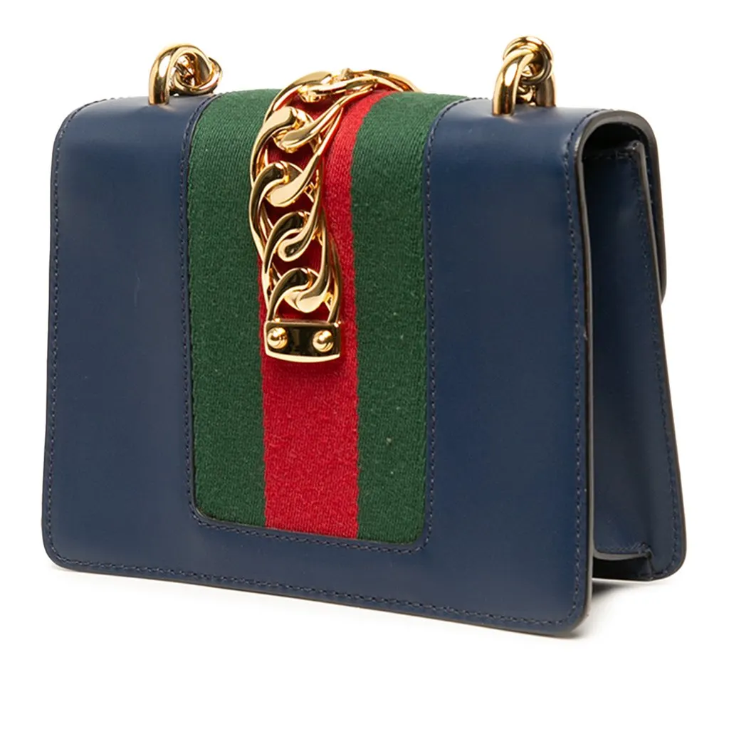 Gucci Mini Calfskin Web Sylvie Chain Satchel Blue Leather Good - Back View