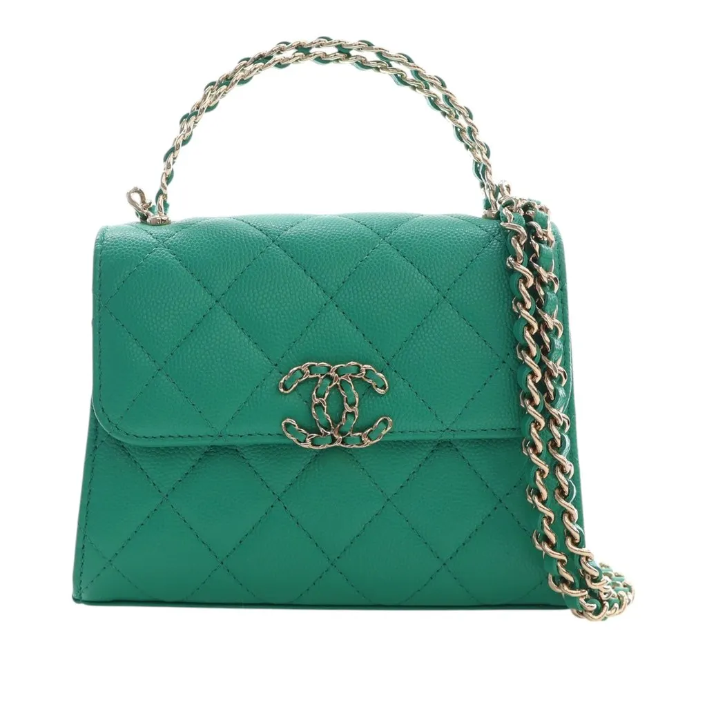 Chanel Mini CC Quilted Caviar Top Handle Flap with Chain Green Leather Very good - Front View