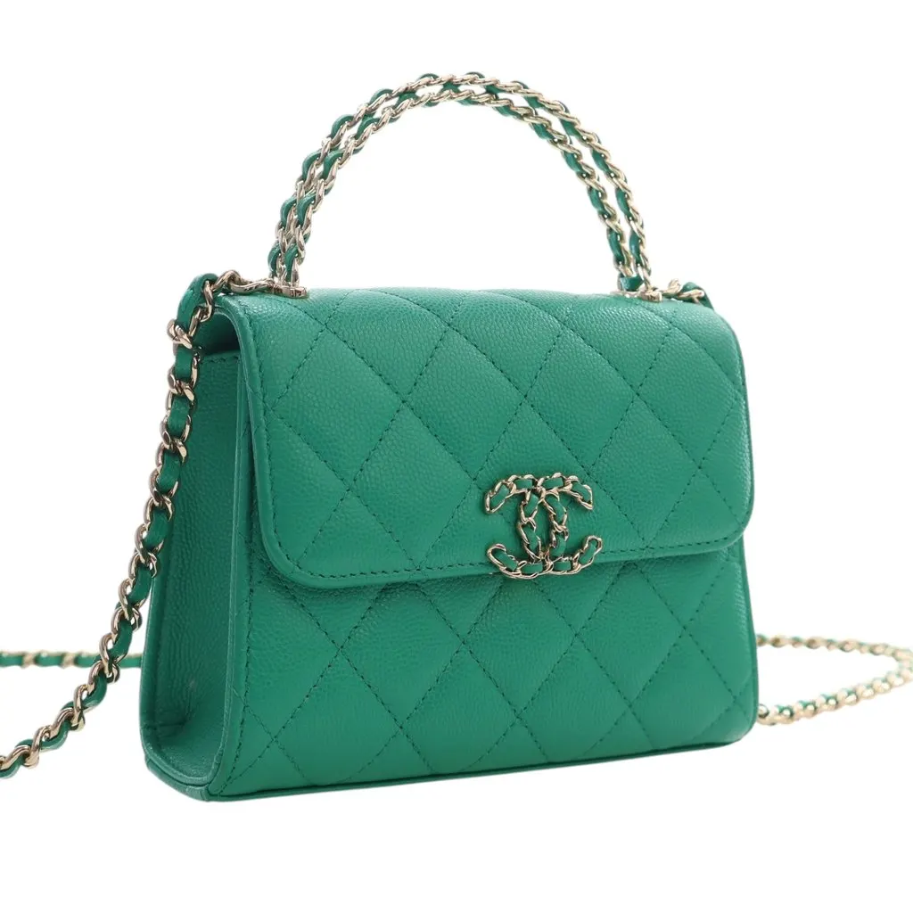 Chanel Mini CC Quilted Caviar Top Handle Flap with Chain Green Leather Very good - Back View