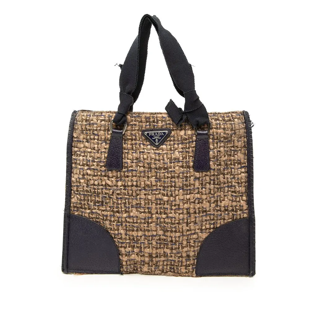 Prada Vitello Trimmed Tweed Flat Handbag Brown Very good - Front View