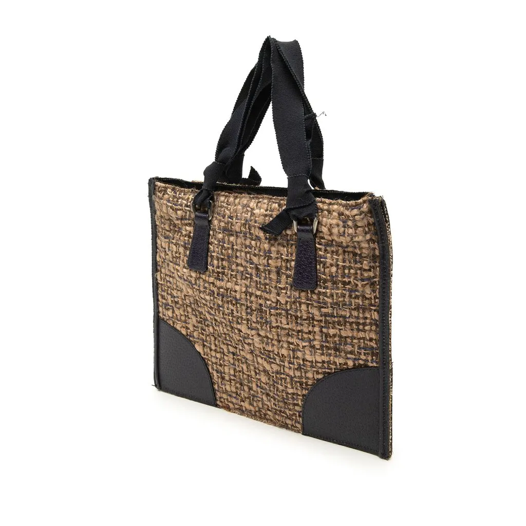 Prada Vitello Trimmed Tweed Flat Handbag Brown Very good - Back View