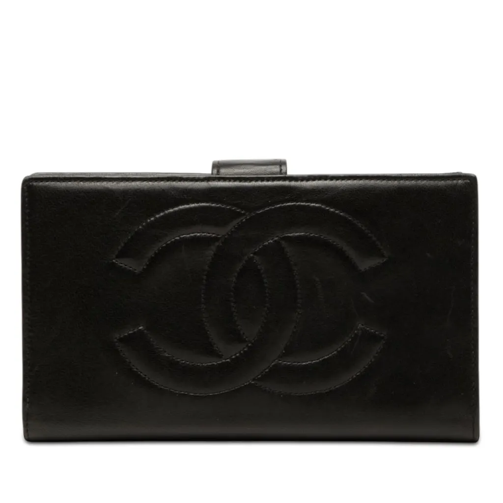 Chanel CC Lambskin Bifold Long Wallet Black Leather Very good - Front View