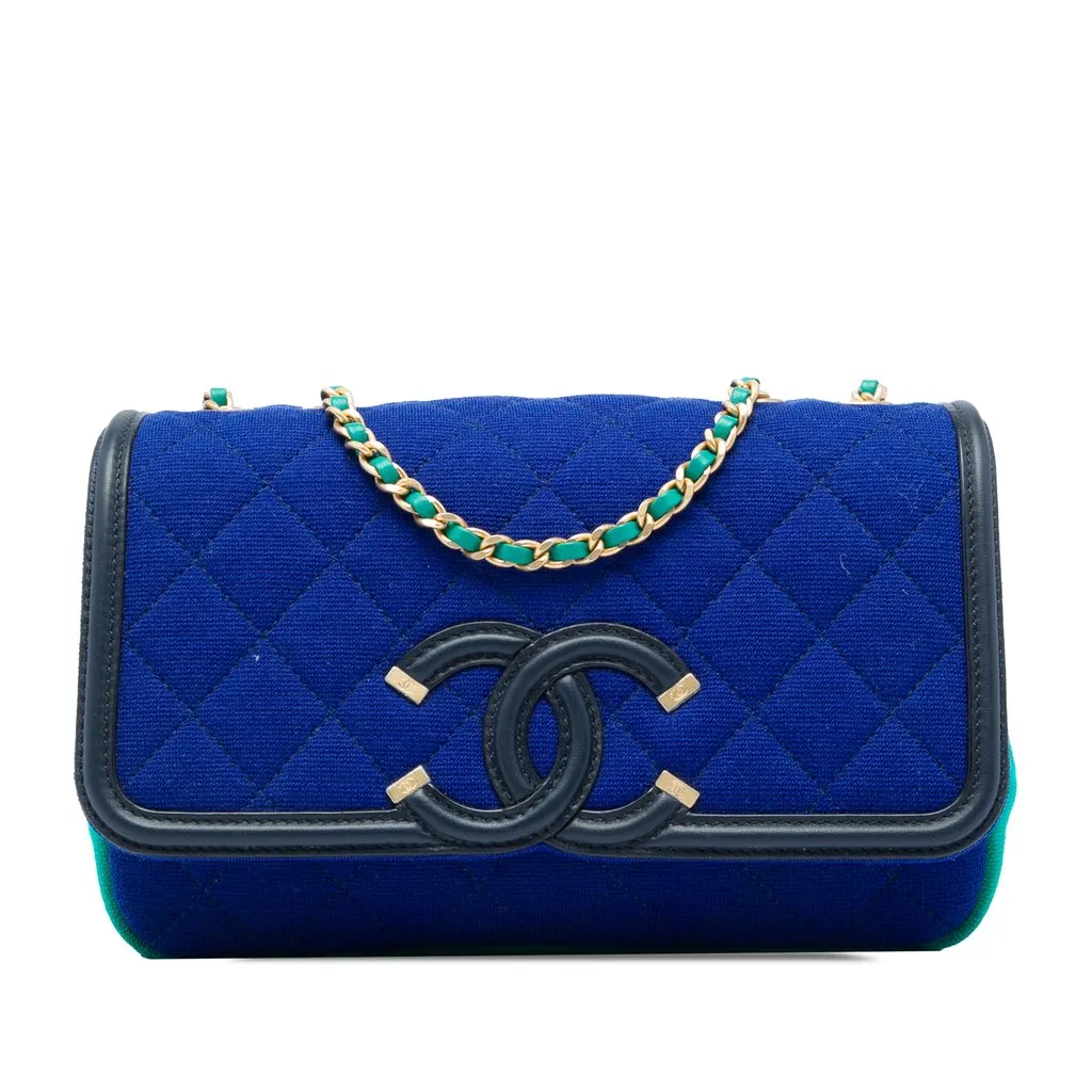 Chanel Small Tricolor Jersey CC Filigree Flap Blue Very good - Front View