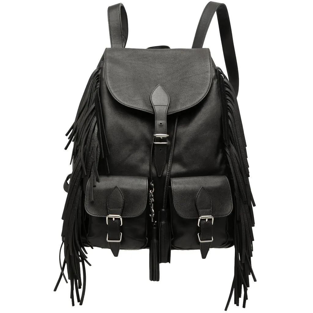 Saint Laurent Calfskin Fringe Festival Backpack Black Leather Good - Front View