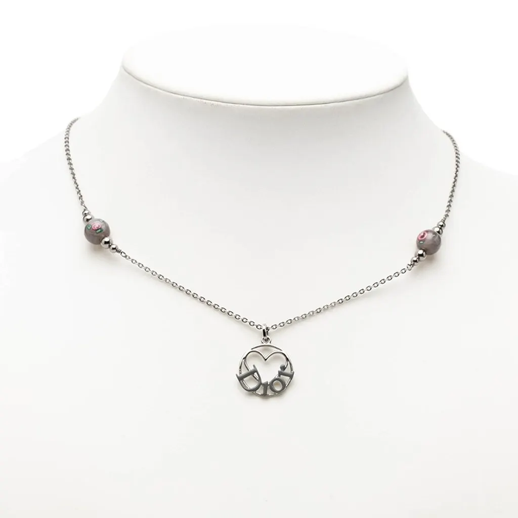 Dior Brass Heart Logo Pendant Necklace Silver Metal Very good - Box View