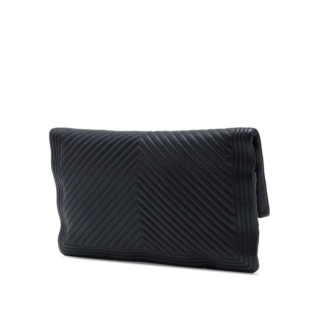 Chanel Chevron Calfskin CC Beauty Boy Foldover Clutch Black Leather Very good - Back View