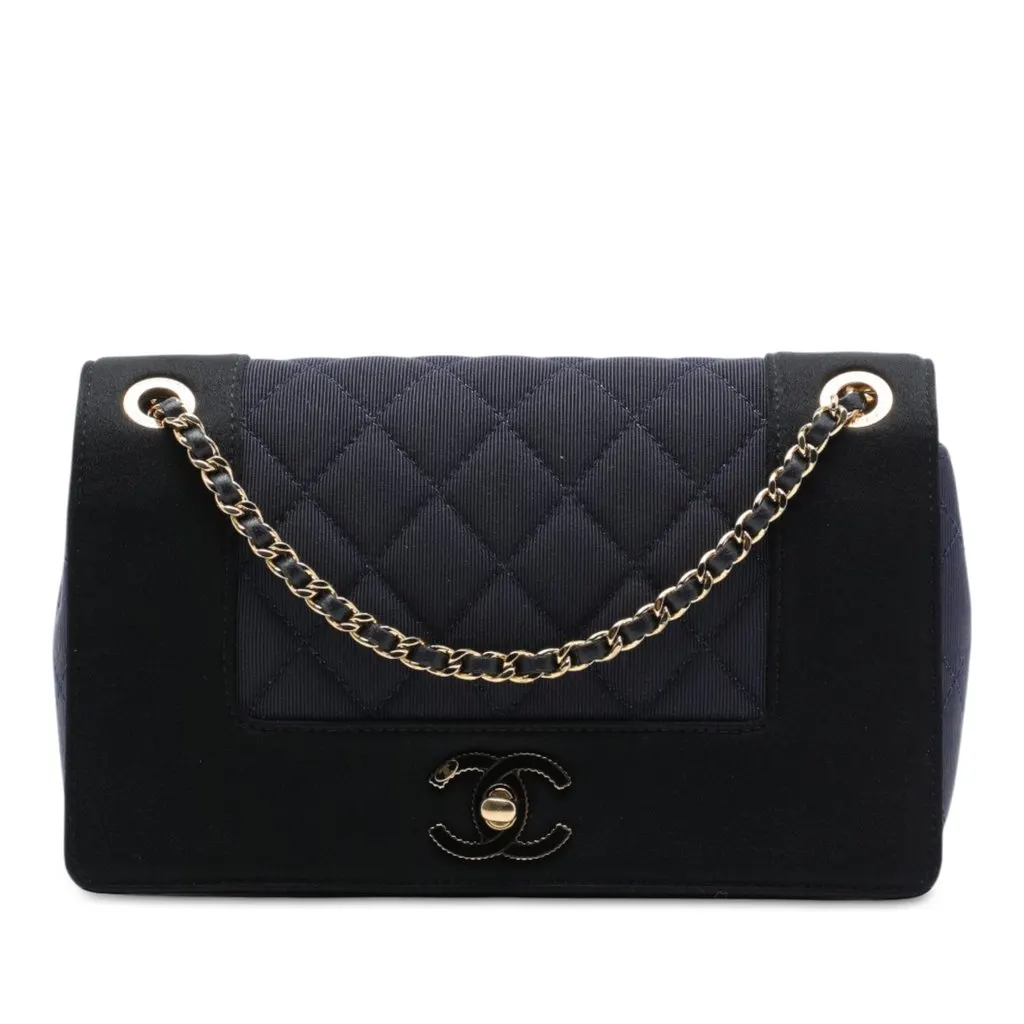 Chanel Small Bicolor Quilted Grosgrain Satin Small Mademoiselle Double Flap Blue Very good - Front View
