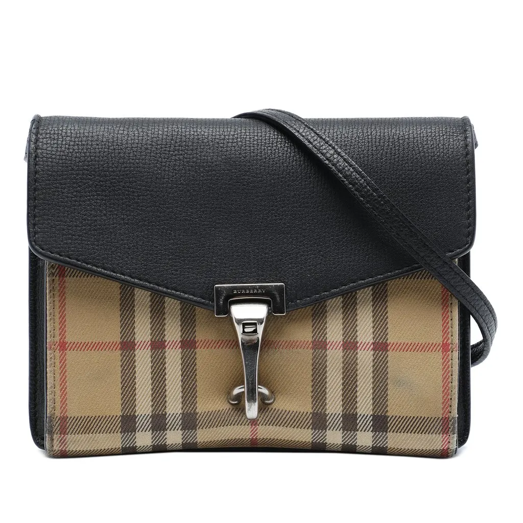 Burberry Small Leather and House Check Canvas Derby Macken Crossbody Beige Very good - Front View