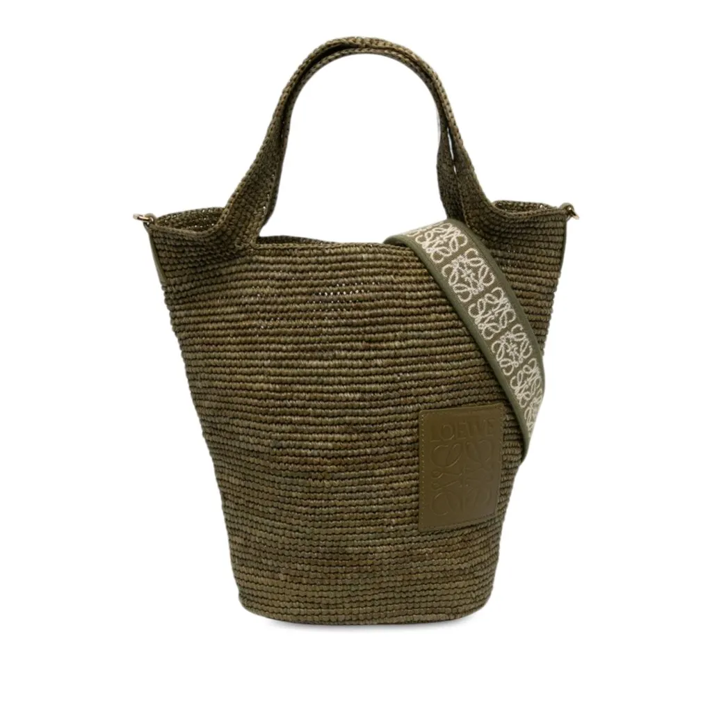 Loewe Mini Raffia Slit Satchel Green Rattan Never worn - Front View